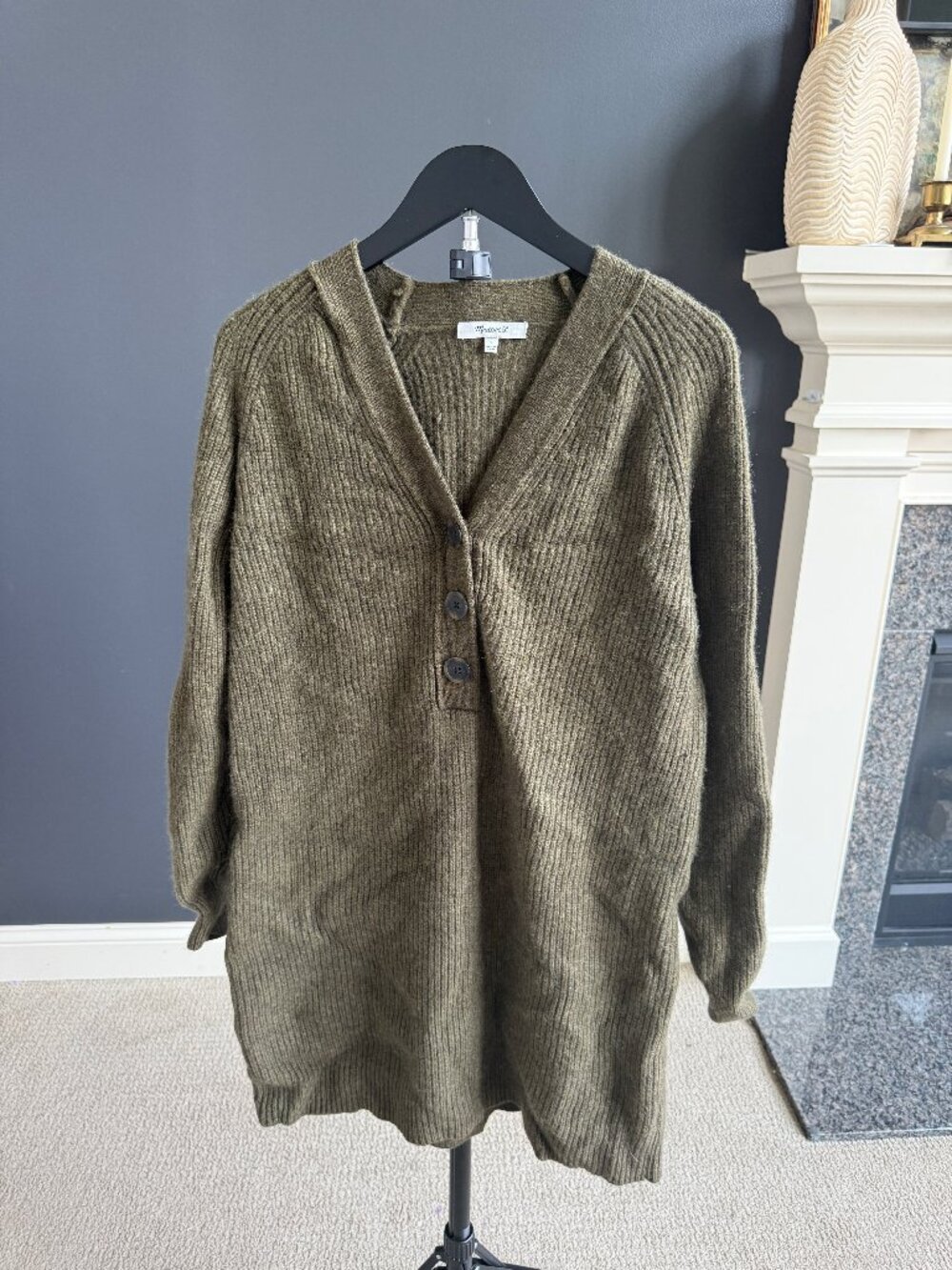 Madewell Oversized Olive Ribbed Button Sweater Dress